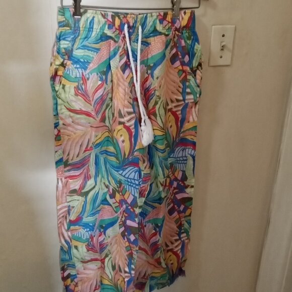 C&C California Linen Pants Sz S Tropical Floral Wide Leg Pull On orange blue - Picture 4 of 4